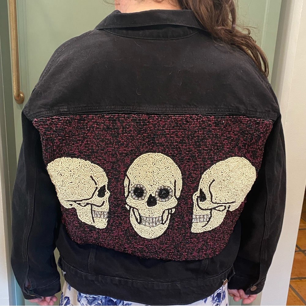 Black Denim Jacket XL Vintage handcrafted full beaded back skeleton denim jacket
